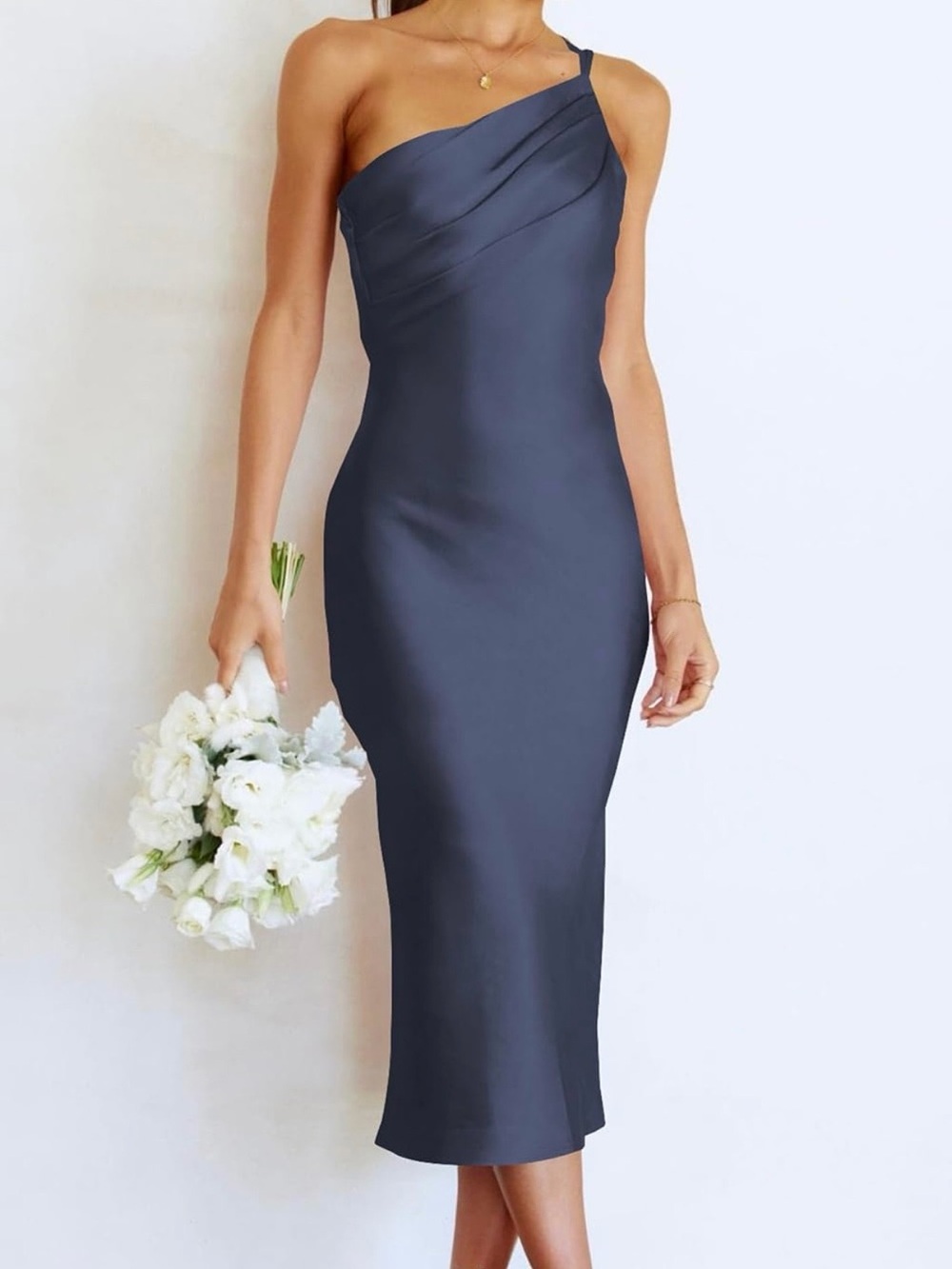 PrettyGarden One Shoulder Satin Midi Blue Dress Size S